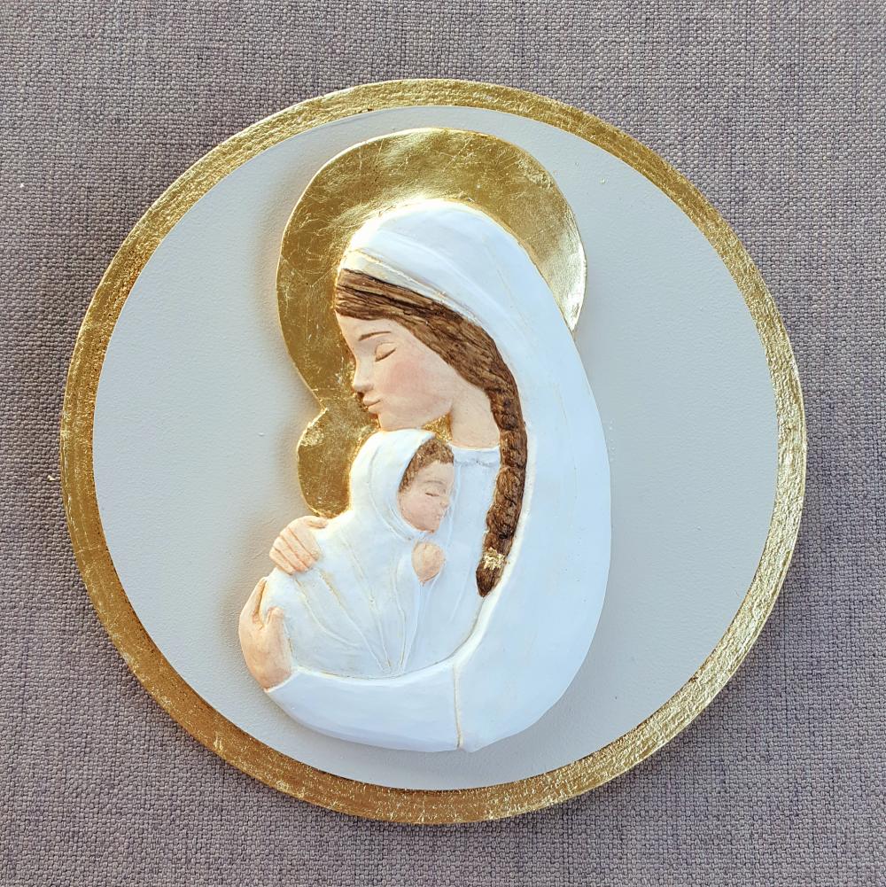 Virgen María Madre sobre base con pan de oro. 20cm.