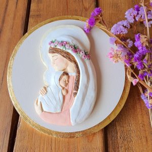Virgen María Madre con corona de flores base circular de pan de oro. 20cm.